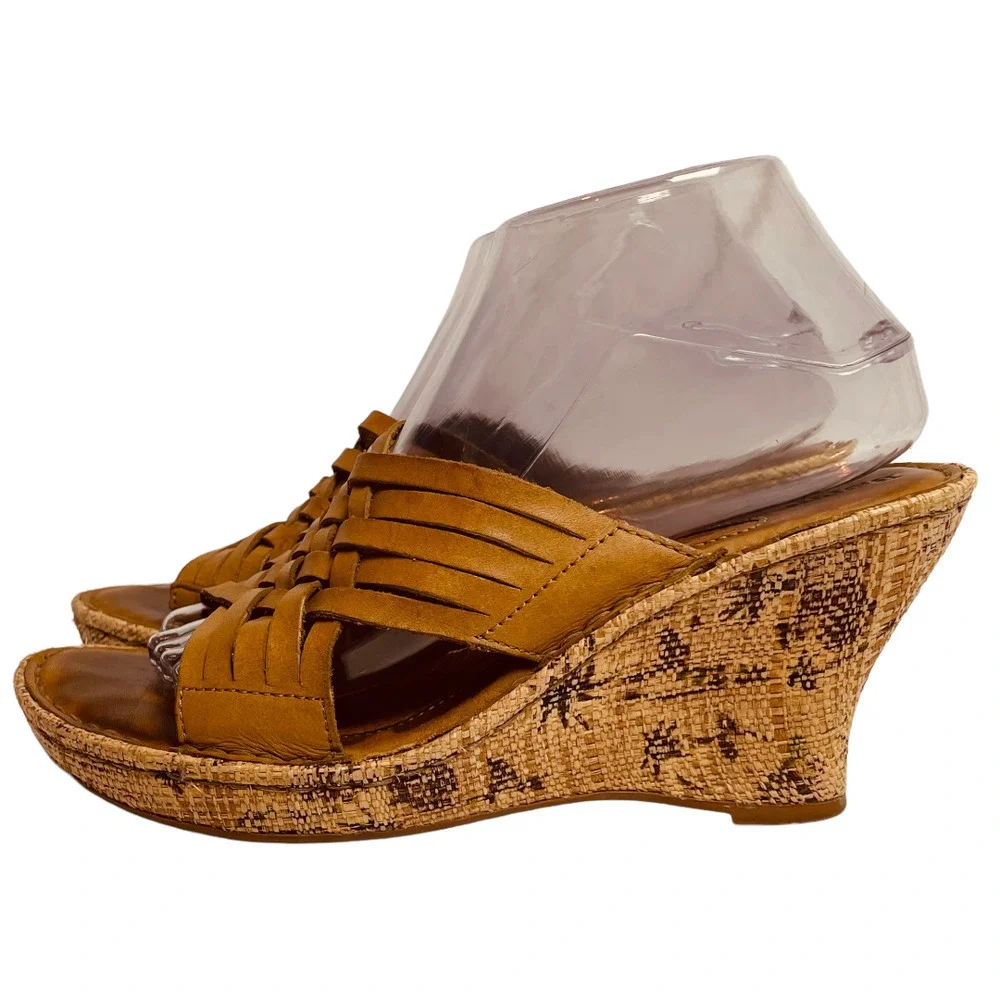🍀 BORN ‘Drilles Tan Braided Leather Espadrille Wedge Sandals Women’s Size 9